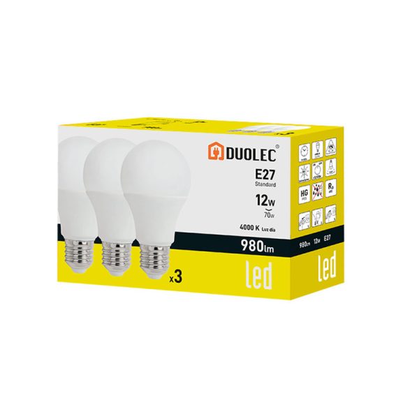 Pack 3 bombillas Led estándar DUOLEC E27 luz día 12W